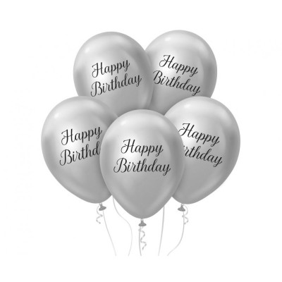 Latexové balóny strieborné Happy Birthday