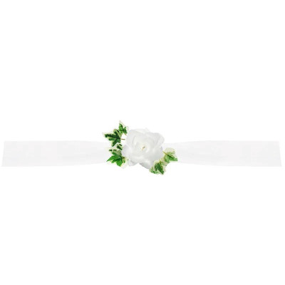 Svadobná Tylová girlanda, biela, s bielymi ružami a zelenými listami, dĺžka 1,7 metra