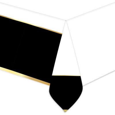 Obrus plastový bielo čierny so zlatým okrajom 140 x 270 cm