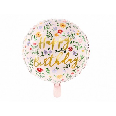 Fóliový balón slabo ružový s kvietkami Happy B-Day