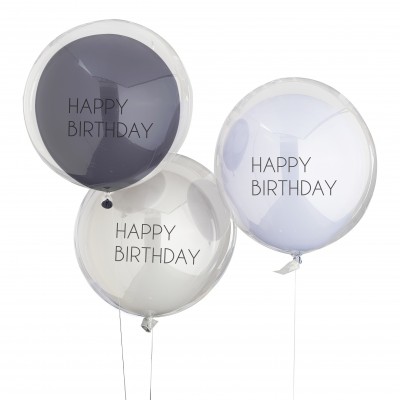 Latexovo transparentné balóny dvojvrstvové modro šedé Happy B-Day