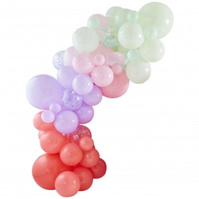 Balónová dekoračná sada oblúk ružová, fialová, pastelovo zelená a konfetové balóny