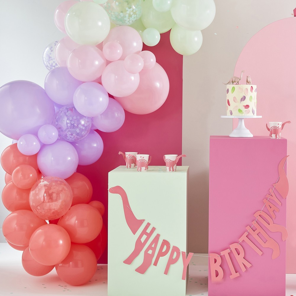 Balónová dekoračná sada oblúk ružová, fialová, pastelovo zelená a konfetové balóny