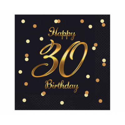Servítky Happy Birthday 30 čierne so zlatou potlačou
